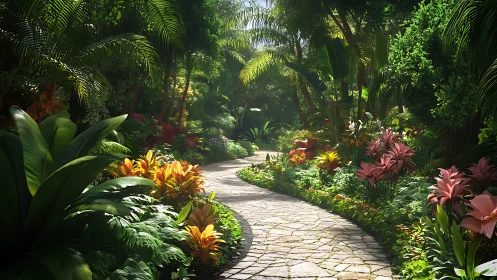 Sunlit tropical garden path with vivid blooming foliage.