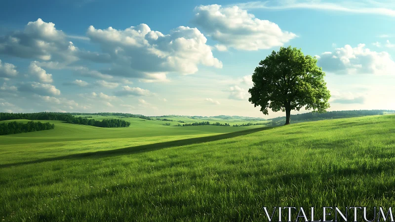 Lone summer oak guarding rolling emerald hills under clouds.