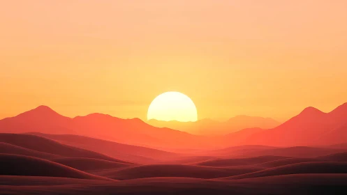 Low-poly style desert sunset with layered volumetric haze gradients