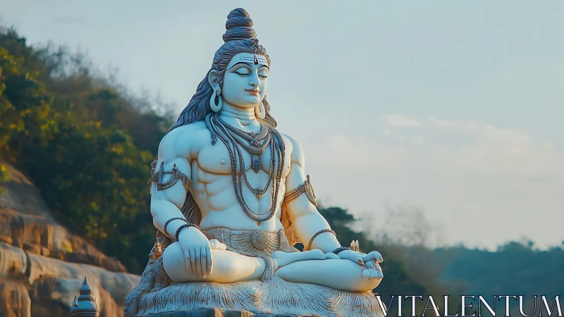Large outdoor Shiva statue seated in meditation posture.