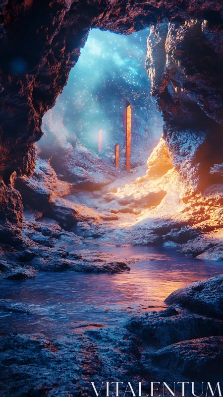Luminous rock pillars rise inside glowing cavern passage