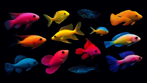 Colorful tropical fish lineup on black background digital art.