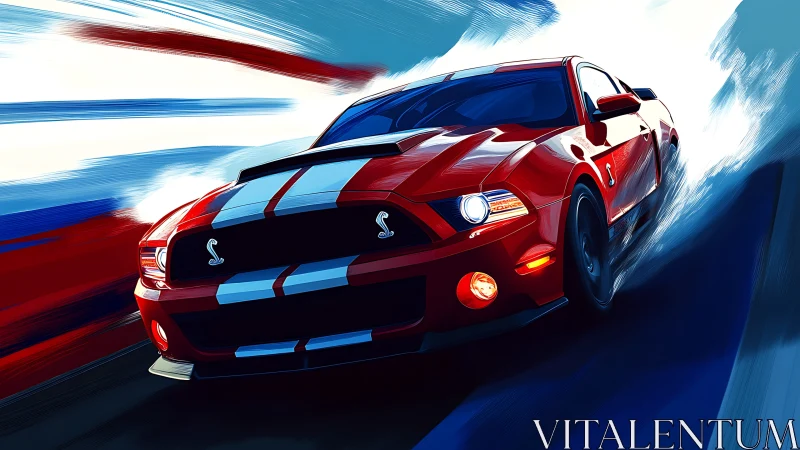 Red performance coupe powers through dynamic motion blur.