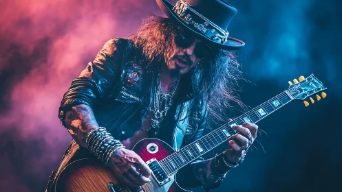 Electric rock guitarist lost in a dreamy stage solo.