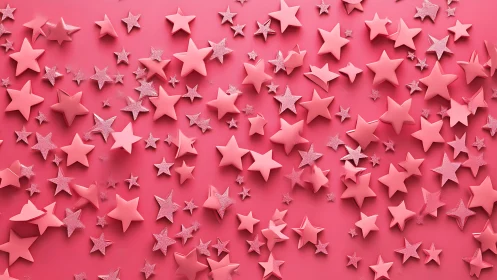 Pink paper stars scatter over monochrome glitter backdrop.