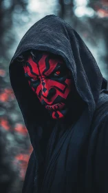Hooded figure with red-black facial paint stands in forest