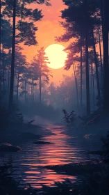 Sunlit river glows beneath a misty twilight forest sky.