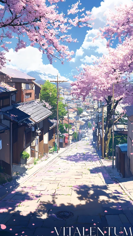 Cherry blossom street in a quiet hillside town under sun.