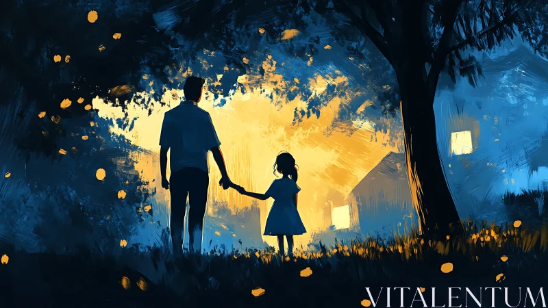 Silhouetted figures holding hands in luminescent cave aperture.