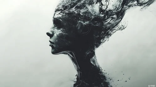 Liquid mind silhouette dissolving into dark abstraction.