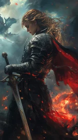 Armored warrior with sword amid fire and storm clouds.