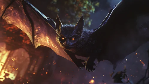 Cinematic 3D bat creature in ember lit nocturnal flight.