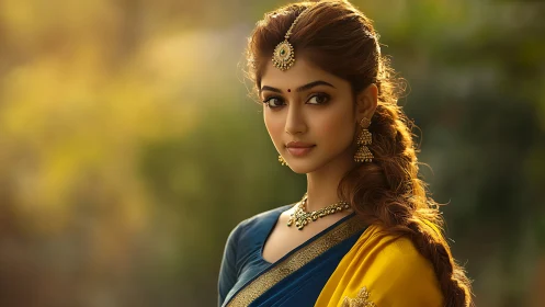 Portrait of jeweled woman in blue and yellow sari at golden hour