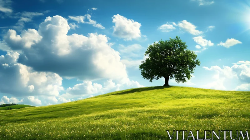 Lone Tree on Sunny Hilltop in Vibrant Landscape Photography.