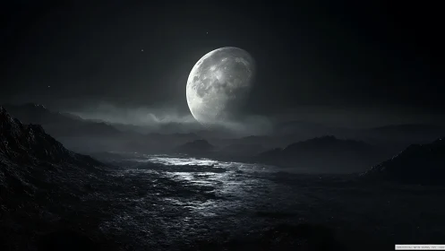 Surreal moonlit wasteland under looming lunar skull horizon.