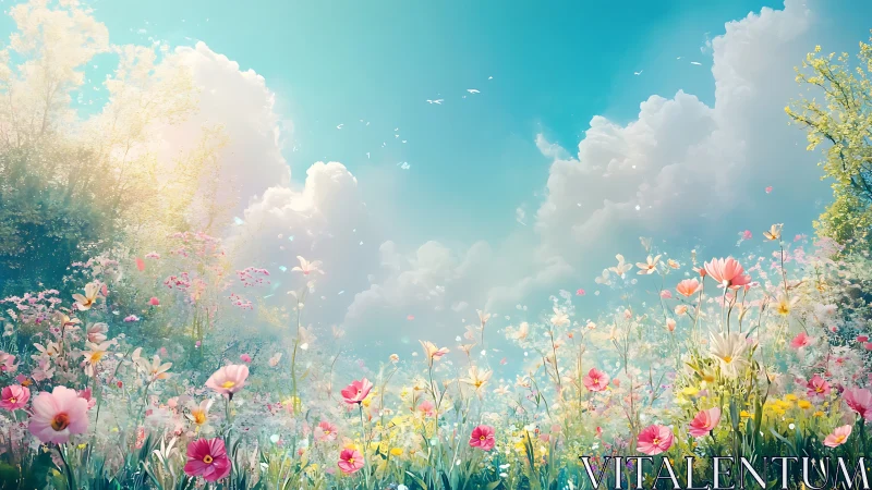 Sunlit wildflower meadow dissolves into luminous pastel clouds