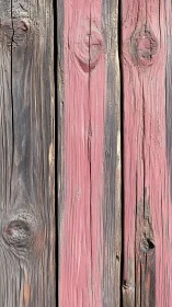 Weathered vertical planks display worn red paint and knot grain