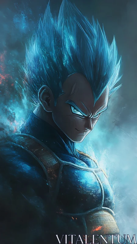 Blue-haired anime warrior in glowing battle armor portrait.