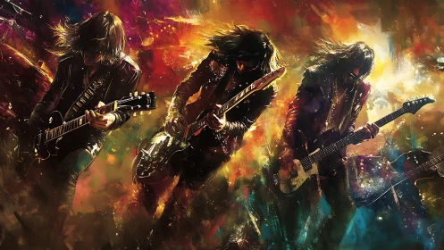 Explosive rock guitar performance in vivid digital abstraction.