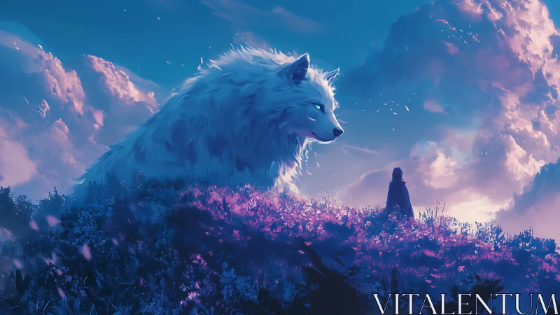 Giant white wolf and cloaked figure on glowing hill at dusk.