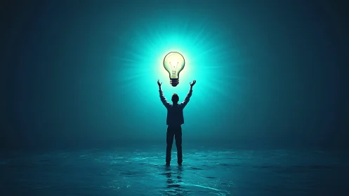 Silhouette holds glowing lightbulb against teal radiant backdrop