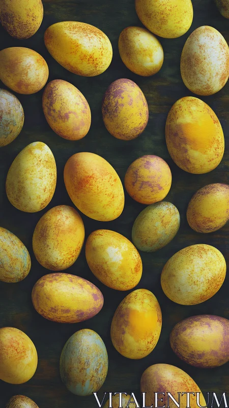 Speckled chromatic eggs in dense overhead planar array.