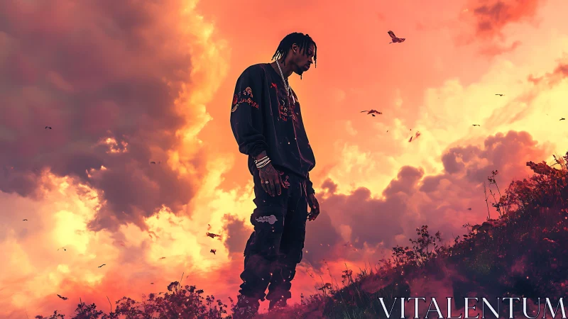 Storm-lit dreamwalker pauses beneath a burning neon sky