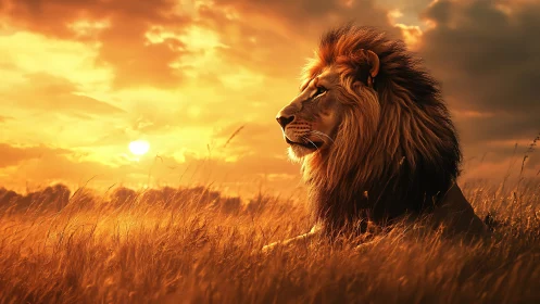 Majestic lion resting in golden sunset grassland glow.