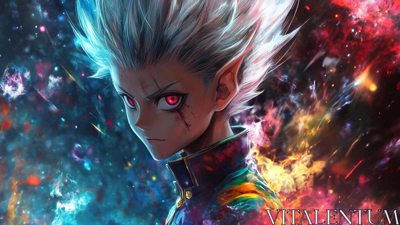 Stark anime portrait captures red-eyed warrior in cosmic flare