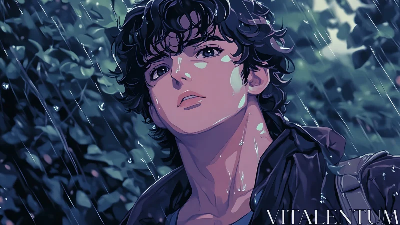 Pensive curly haired teen gazes upward in soft summer rain.