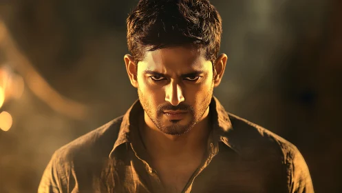 Male subject in front-facing close-up under warm directional light