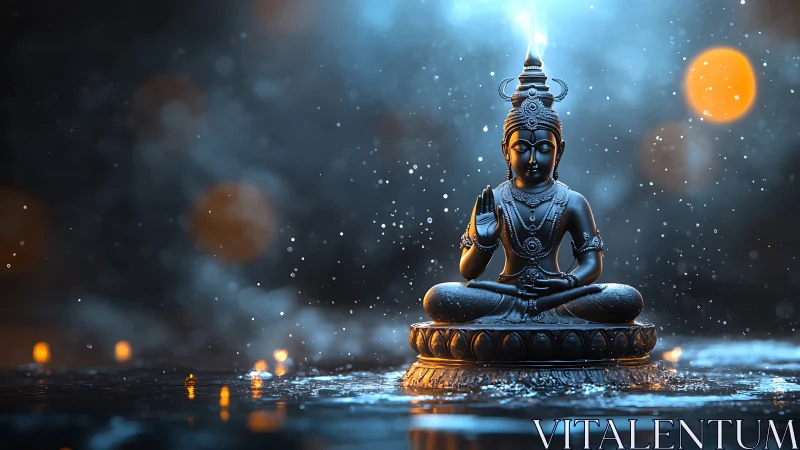 Divine metal deity statue in meditative pose amid bokeh light.