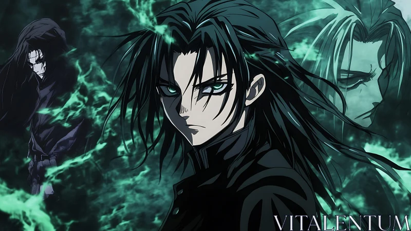 Dark haired anime figure with spectral duplicates in green mist.