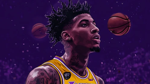 Purple digital portrait of basketball player in yellow jersey.