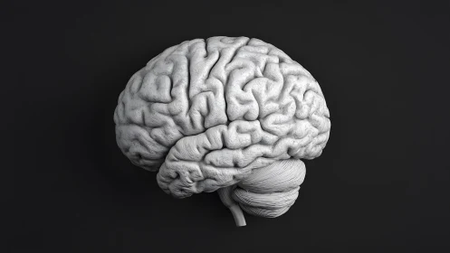 Realistic 3D Human Brain Model on Dark Background, Minimalist Style.