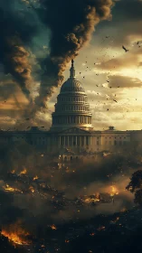 Capitol dome amid apocalyptic fires and rolling smoke clouds.