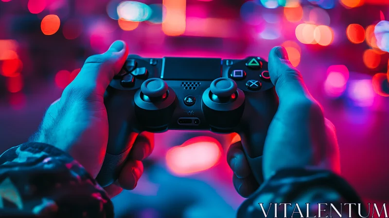 Hands hold gaming controller under neon cyberpunk bokeh glow