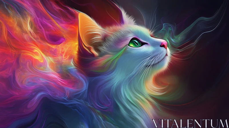 Digital painting of luminous neon cat with swirling auroras.