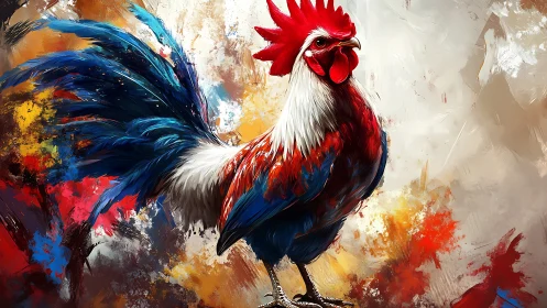 Red rooster with blue tail feathers rendered in expressive abstract brushwork