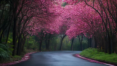 Blossoming cherry trees form a serene pink tunnel over road.