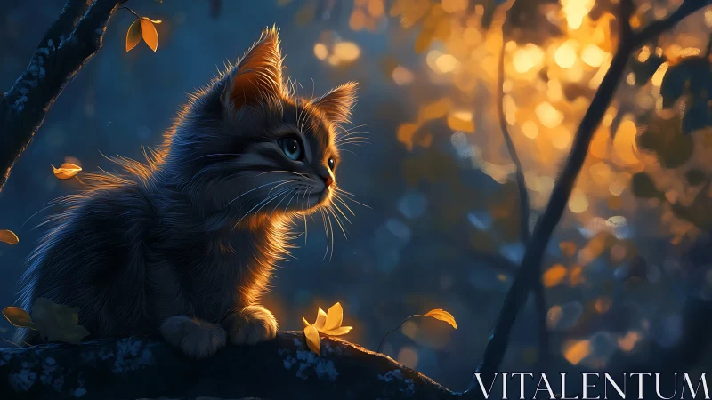 Kitten perched on branch, backlit by golden autumn foliage in warm light