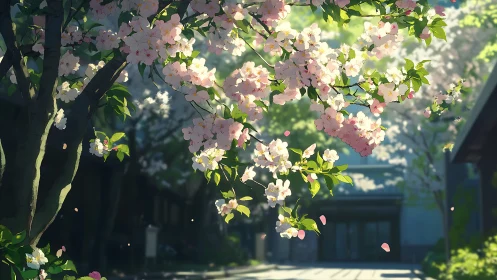 Sunlit cherry blossoms drift gently above a quiet courtyard