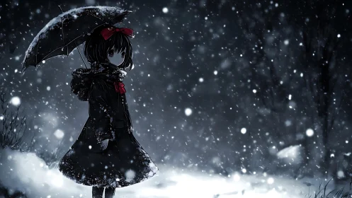 Anime girl with umbrella standing in quiet falling snow.