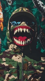 Camo clad figure wears a fierce toothy mask amid painted fish