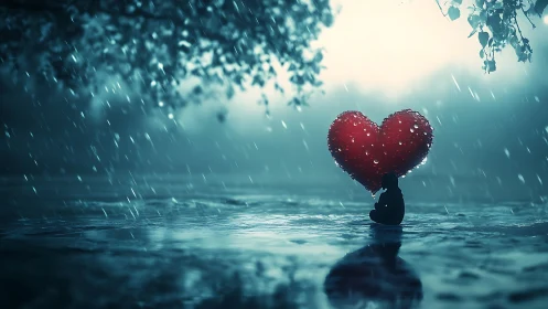Figure with red heart in rain.