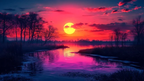 River landscape under vivid sunset with silhouetted trees.