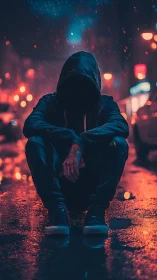 Hooded figure crouches in neon‑lit rain, strong bokeh contrast