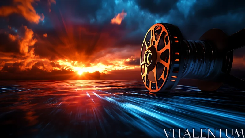 Cinematic film reel dominates neon seascape at blazing sunset