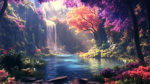 Enchanted waterfall glows through a luminous, dreamlike forest