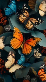 Vibrant butterflies glide over teal foliage in stylized macro